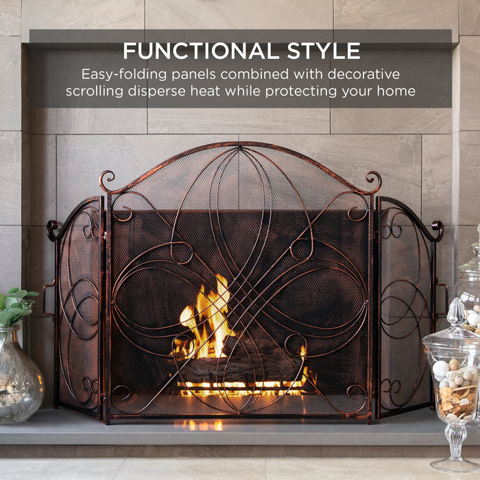 3-Panel Wrought Iron Metal Fireplace Screen Cover w/ Scroll Design - 55x33in