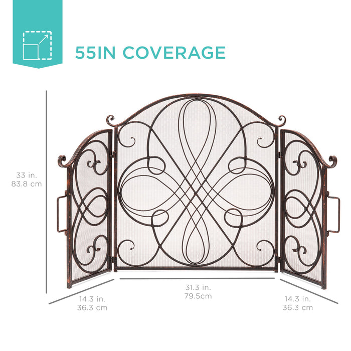 3-Panel Wrought Iron Metal Fireplace Screen Cover w/ Scroll Design - 55x33in