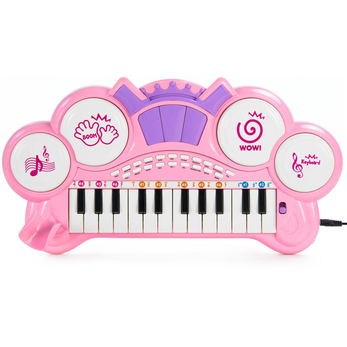 Clavier électronique musical pour enfants à 24 touches avec batterie, microphone, MP3 - Rose