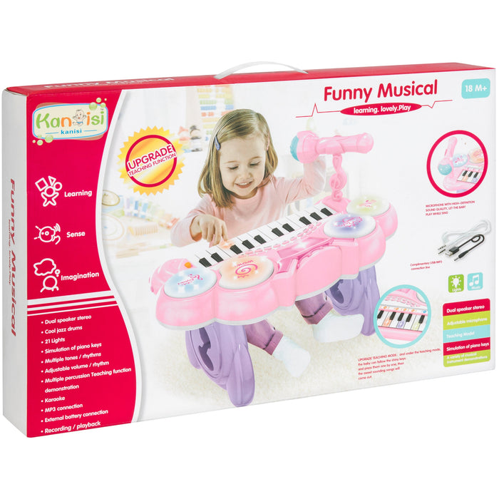 Clavier électronique musical pour enfants à 24 touches avec batterie, microphone, MP3 - Rose