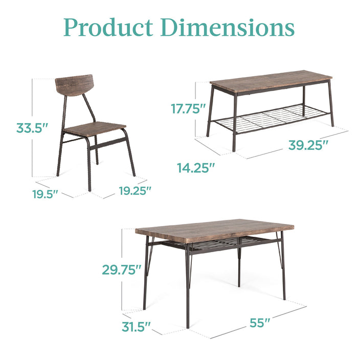 Ensemble de salle à manger moderne 6 pièces avec étagères de rangement, table, banc, 4 chaises - 55 po