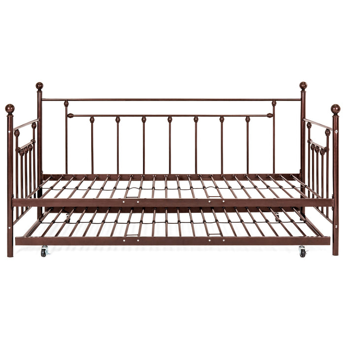 Twin Sized Metal Lounge Daybed Frame w/ Trundle, Finials