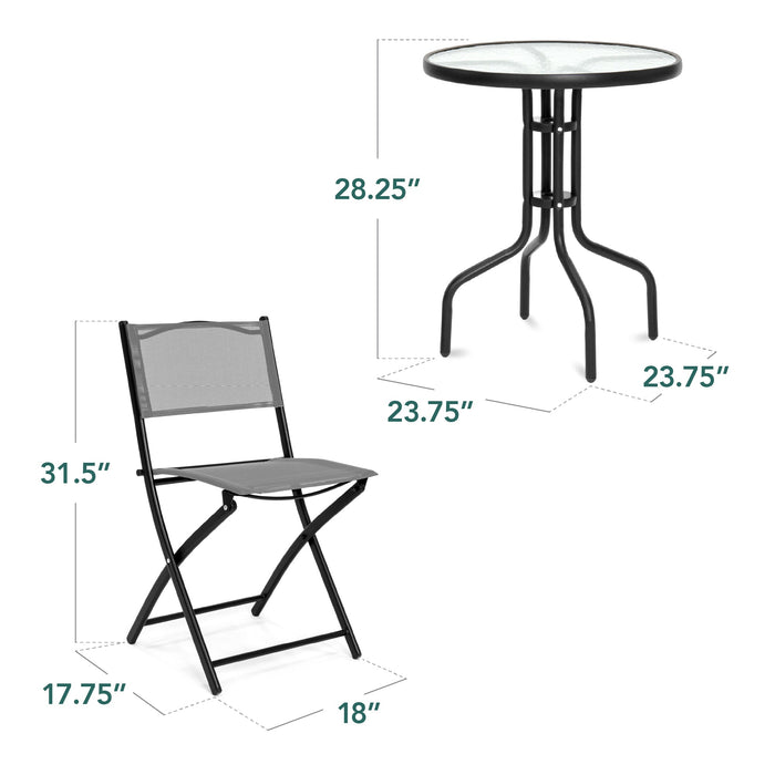 Ensemble bistro 3 pièces avec table en verre et 2 chaises pliables