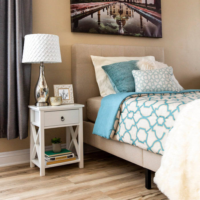 Upholstered Twin Platform Bed w/ Tufted Headboard, Wood Slats