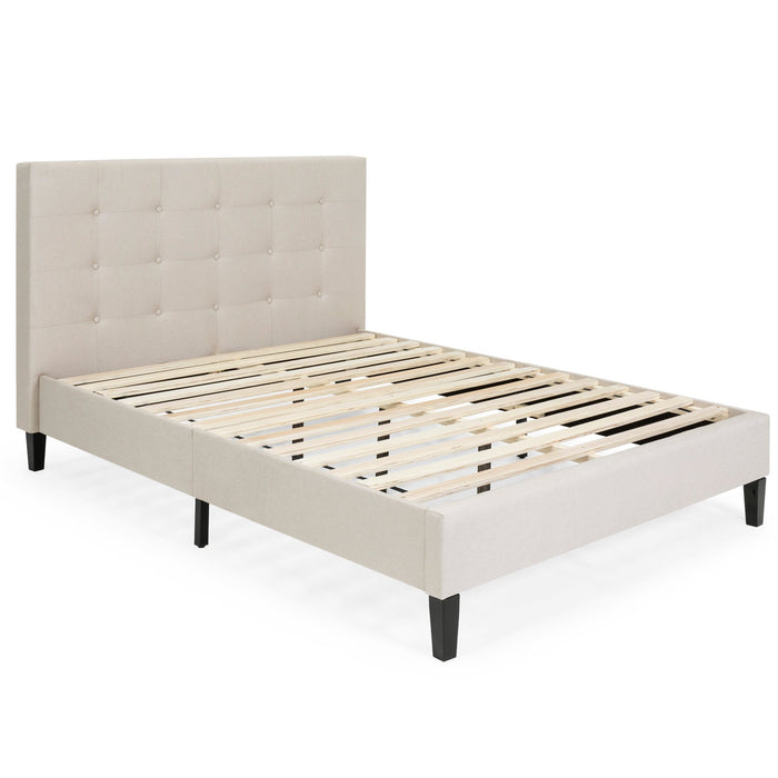 Upholstered Twin Platform Bed w/ Tufted Headboard, Wood Slats