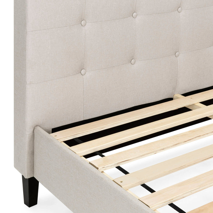 Upholstered Twin Platform Bed w/ Tufted Headboard, Wood Slats