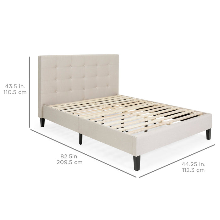 Upholstered Twin Platform Bed w/ Tufted Headboard, Wood Slats