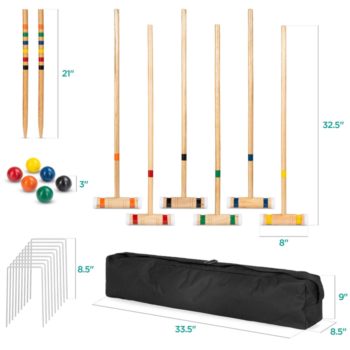 Ensemble de croquet en bois pour 6 joueurs avec 6 maillets, 6 boules, guichets, piquets, sac - 32 po