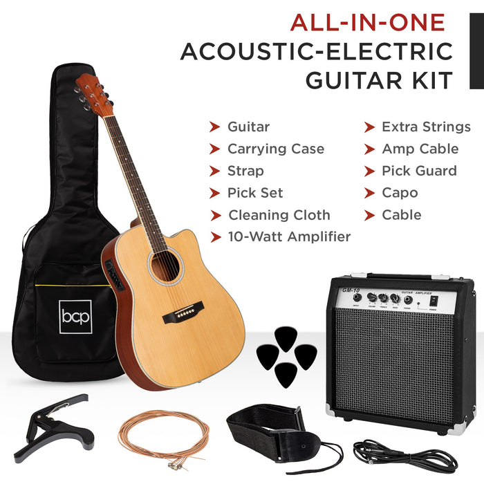 Ensemble de guitare acoustique électrique à pan coupé pour débutant avec étui et sangle - 41 pouces