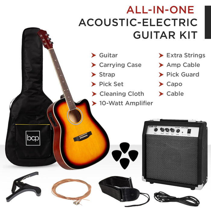 Ensemble de guitare acoustique électrique à pan coupé pour débutant avec étui et sangle - 41 pouces