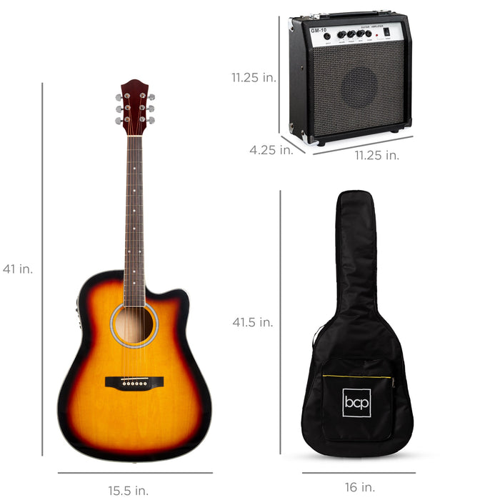 Ensemble de guitare acoustique électrique à pan coupé pour débutant avec étui et sangle - 41 pouces