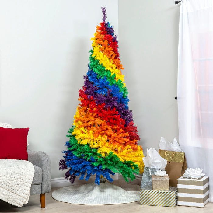 Sapin de Noël artificiel arc-en-ciel de 7 pieds, décoration de vacances avec support en métal