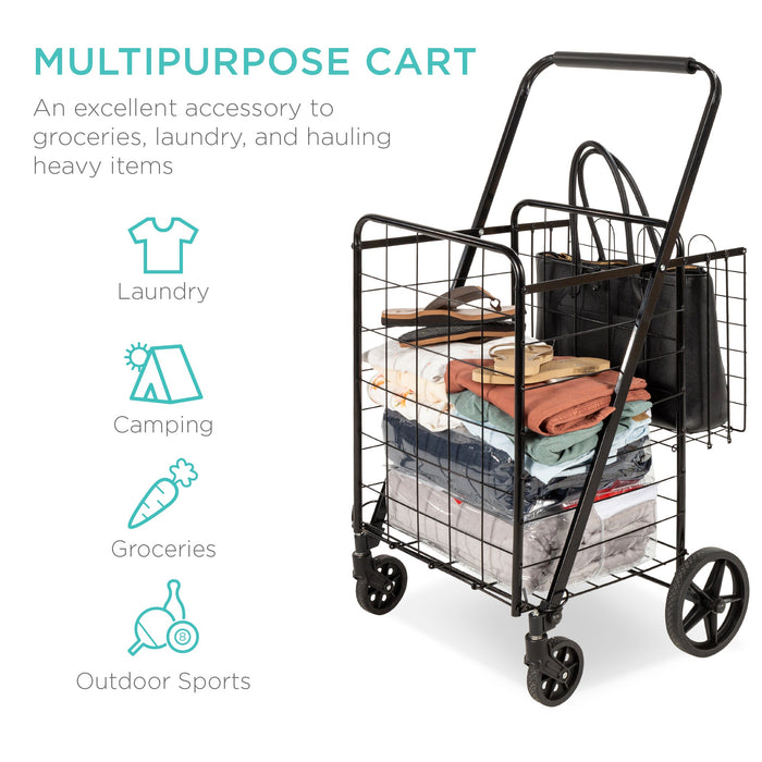 Folding Steel Grocery Cart w/ Double Basket, Swivel Wheels, 220lb Cap