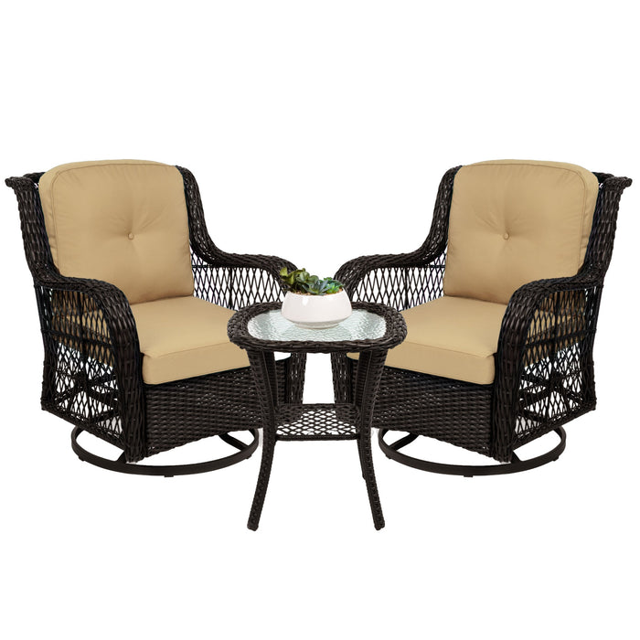 3-Piece Patio Wicker Bistro Furniture Set w/ 2 Swivel Rocking Chairs, Table