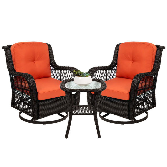 3-Piece Patio Wicker Bistro Furniture Set w/ 2 Swivel Rocking Chairs, Table