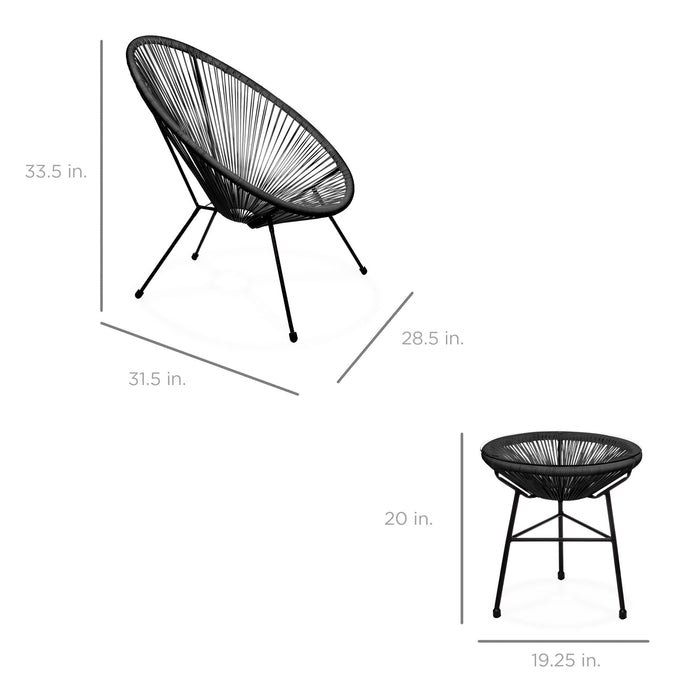 Ensemble bistrot Acapulco toutes saisons 3 pièces avec corde et table à plateau en verre