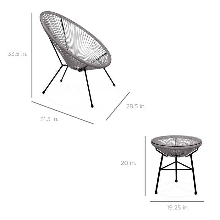 Ensemble bistrot Acapulco toutes saisons 3 pièces avec corde et table à plateau en verre