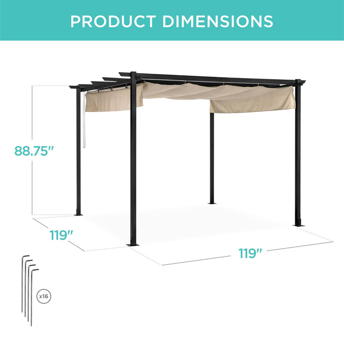 Pergola extérieure, abri de patio avec auvent rétractable, cadre en acier - 10x10 pieds