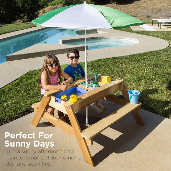 Table de pique-nique d'extérieur en bois avec sable et eau 3 en 1 pour enfants et parasol