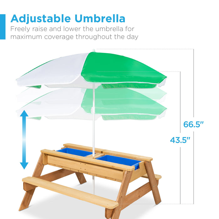 Table de pique-nique d'extérieur en bois avec sable et eau 3 en 1 pour enfants et parasol