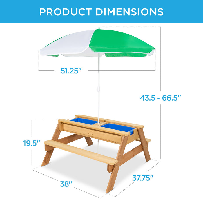 Table de pique-nique d'extérieur en bois avec sable et eau 3 en 1 pour enfants et parasol