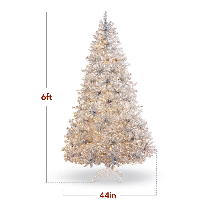 Prelit Silver Artificial Tinsel Christmas Tree w/ Foldable Stand