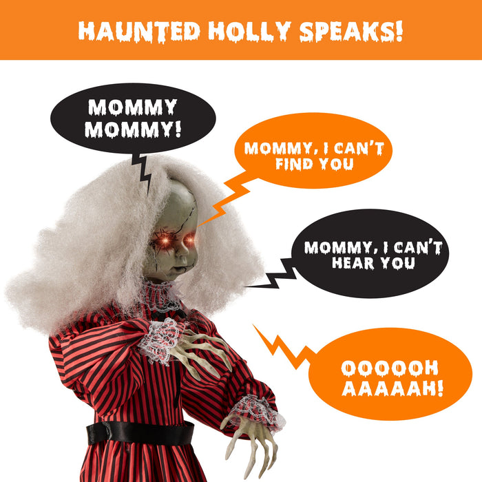 Haunted Holly Animatronic Roaming Doll Halloween Decoration w/ Light-Up Eyes