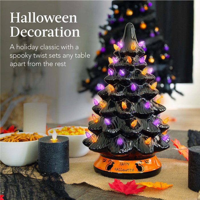 Arbre de table d'Halloween en céramique avec ampoules orange et violettes - 15 pouces