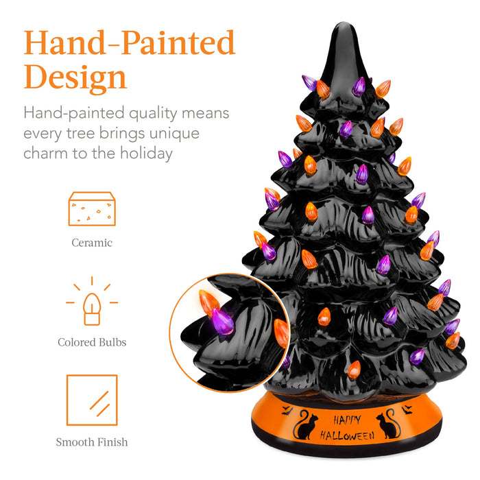 Arbre de table d'Halloween en céramique avec ampoules orange et violettes - 15 pouces