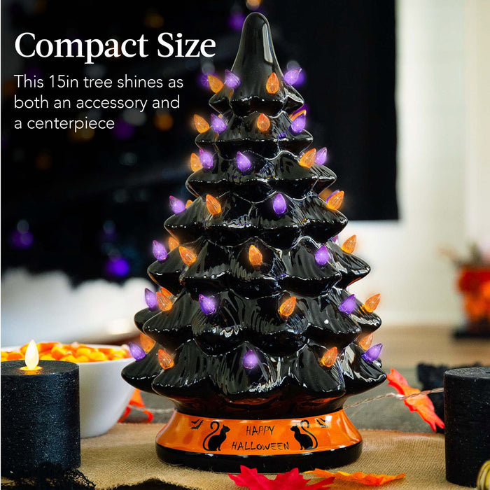 Arbre de table d'Halloween en céramique avec ampoules orange et violettes - 15 pouces