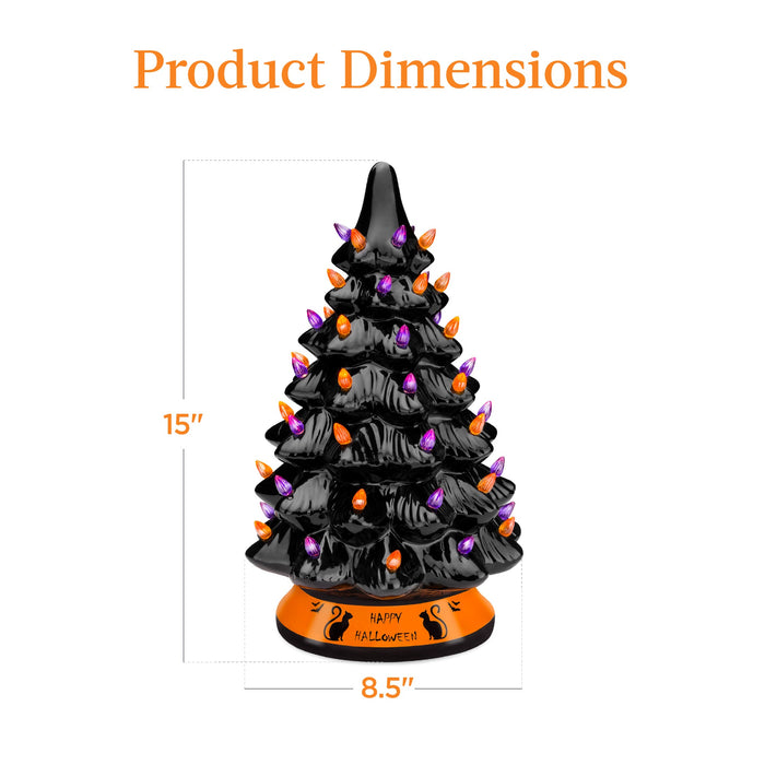 Arbre de table d'Halloween en céramique avec ampoules orange et violettes - 15 pouces