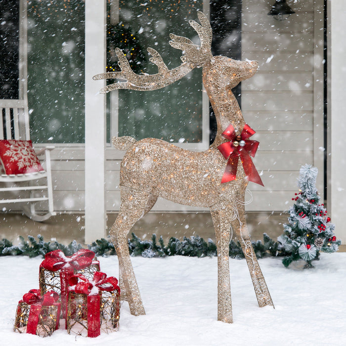 Décoration de jardin de Noël en forme de renne pré-éclairé 3D à paillettes dorées de 5 pieds avec 150 lumières