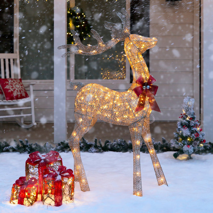 Décoration de jardin de Noël en forme de renne pré-éclairé 3D à paillettes dorées de 5 pieds avec 150 lumières