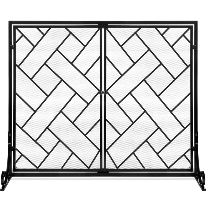 2-Panel Wrought Iron Geometric Fireplace Screen w/ Magnetic Doors - 44x33in