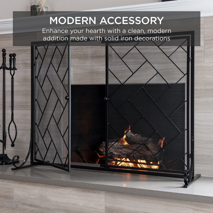 2-Panel Wrought Iron Geometric Fireplace Screen w/ Magnetic Doors - 44x33in