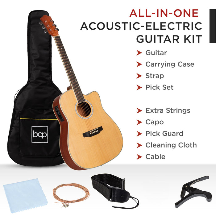 41in Beginner Acoustic Electric Cutaway Guitar Set w/ Case, Strap