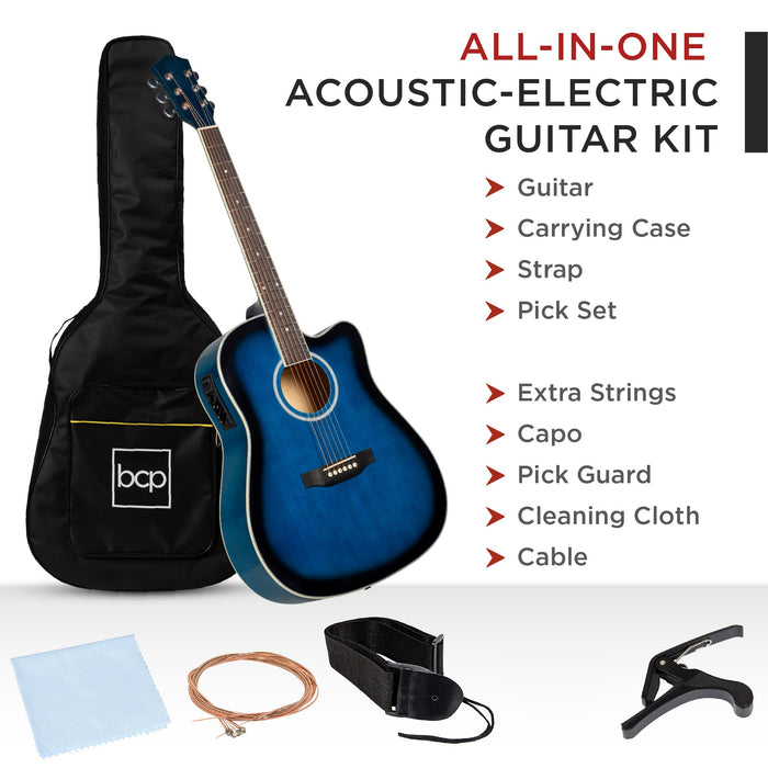 41in Beginner Acoustic Electric Cutaway Guitar Set w/ Case, Strap