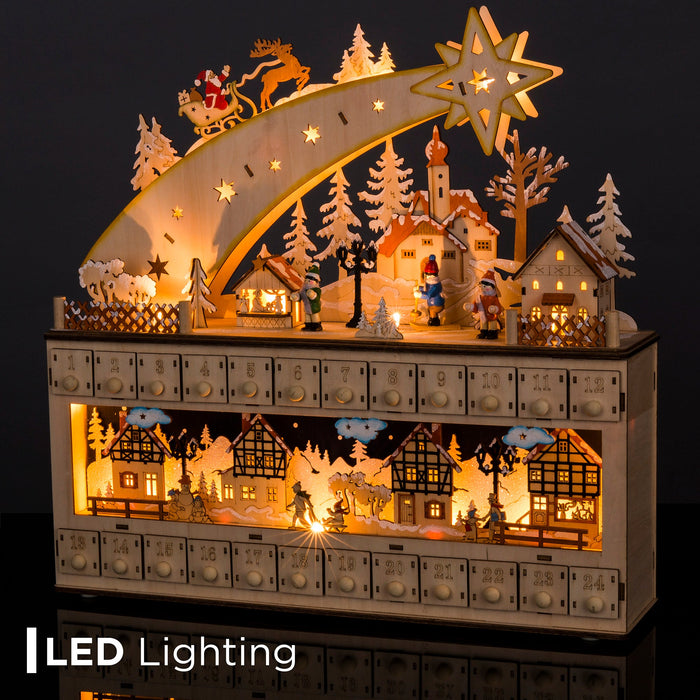 Calendrier de l'Avent en bois avec étoiles filantes de Noël et fond lumineux à LED