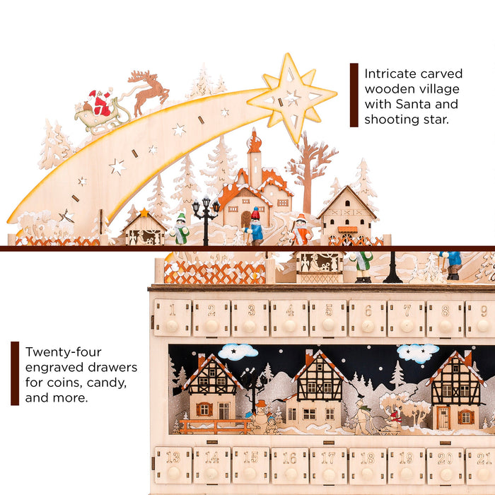 Calendrier de l'Avent en bois avec étoiles filantes de Noël et fond lumineux à LED