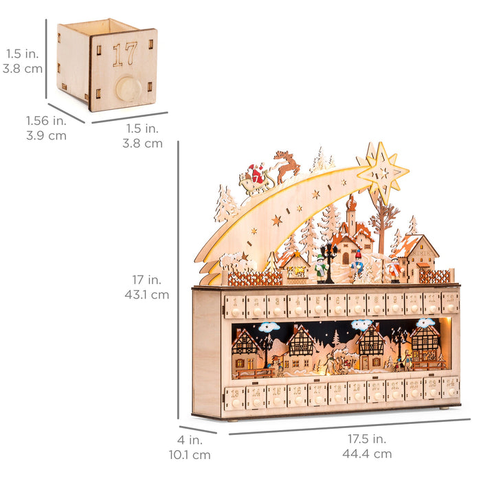 Calendrier de l'Avent en bois avec étoiles filantes de Noël et fond lumineux à LED