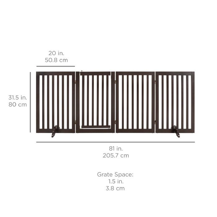 31.5in 4-Panel Freestanding Wooden Pet Gate w/ Door, Support Feet