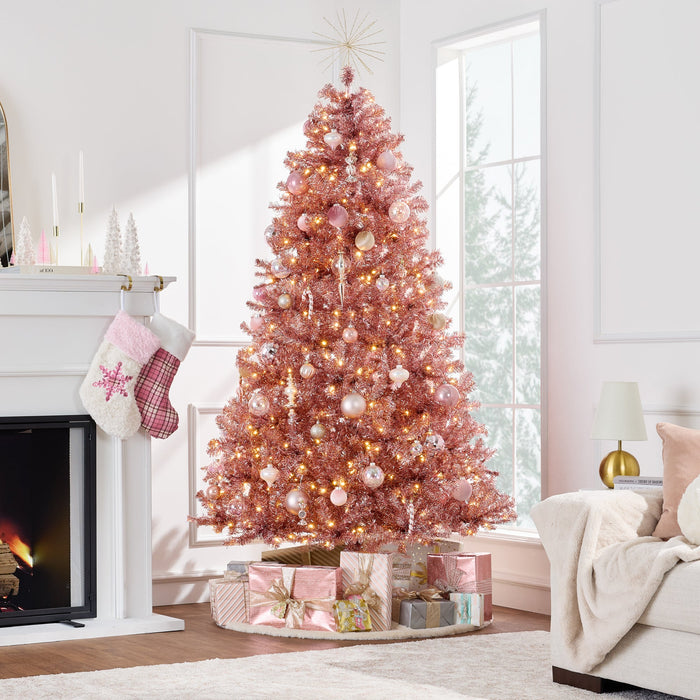 Prelit Pink Artificial Tinsel Christmas Tree w/ Foldable Stand