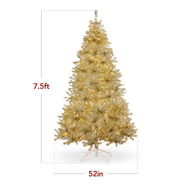 Sapin de Noël artificiel pré-éclairé en guirlandes dorées avec support pliable