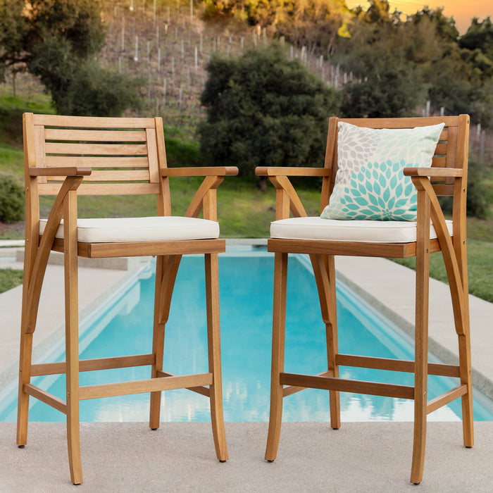 Lot de 2 tabourets de bar d'extérieur en bois d'acacia avec coussins résistants aux intempéries