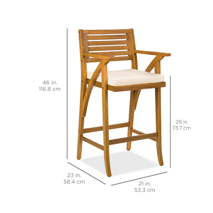 Lot de 2 tabourets de bar d'extérieur en bois d'acacia avec coussins résistants aux intempéries