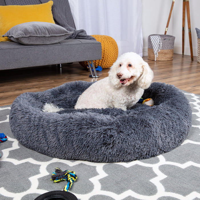 Self-Warming Shag Fur Calming Pet Bed w/ Water-Resistant Lining - Gray