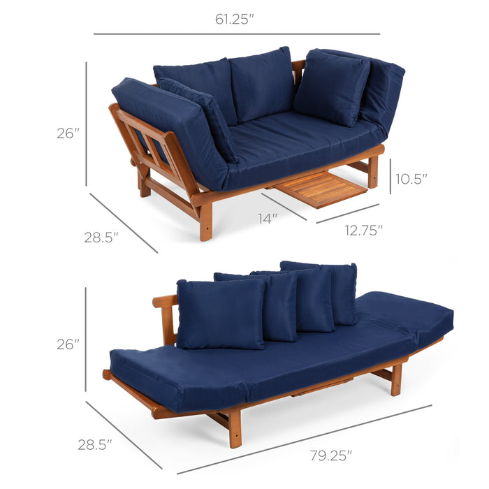 Canapé futon convertible d'extérieur en bois d'acacia avec 4 oreillers et coussin amovible