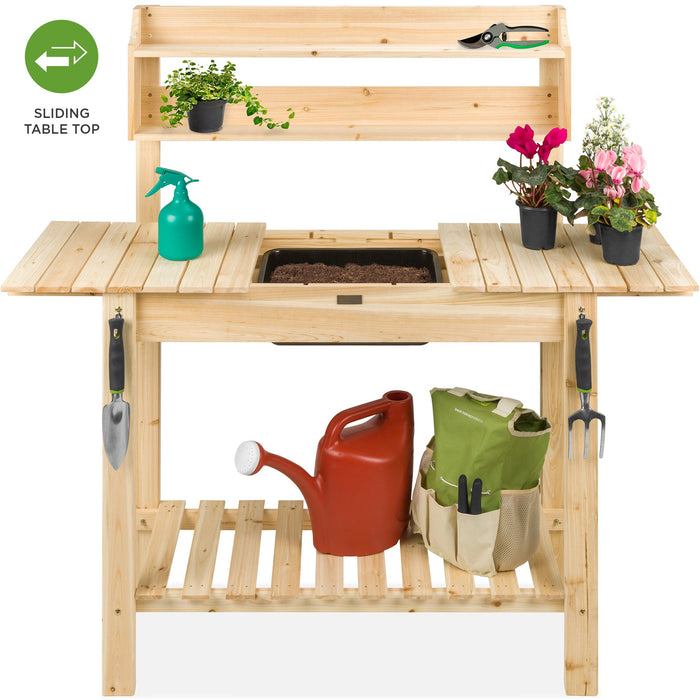 Banc de jardin en bois avec plateau coulissant et évier sec de qualité alimentaire