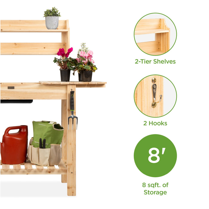 Banc de jardin en bois avec plateau coulissant et évier sec de qualité alimentaire