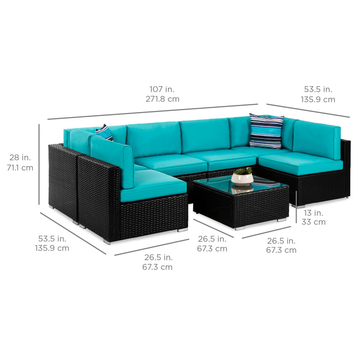 7-Piece Modular Wicker Sectional Conversation Set w/ 2 Pillows, Cover